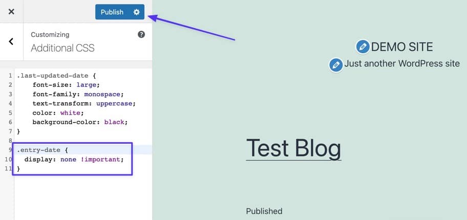 Schermata del Personalizza di WordPress, sezione CSS aggiuntivo in cui è evidenziata la stringa .entry-date