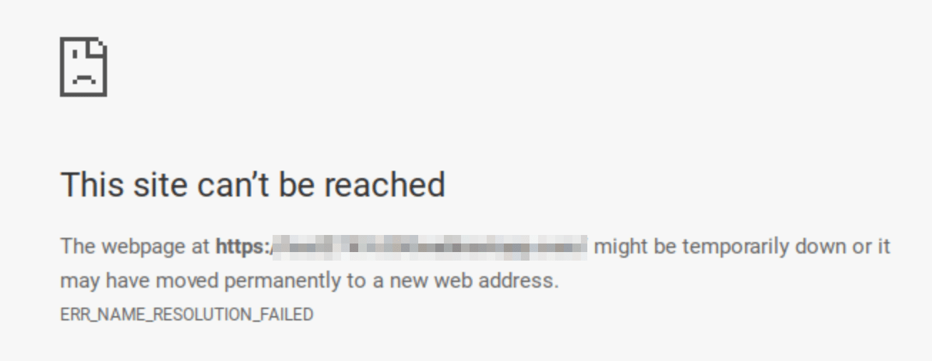 Schermata dell’errore ERR_NAME_RESOLUTION_FAILED con il messaggio The site can’t be reached