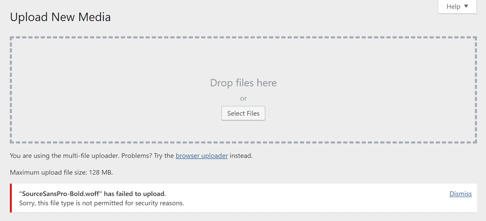 Der WordPress-Bildschirm "Neue Medien hochladen" zeigt den Upload-Dialog mit einer Schaltfläche "Dateien auswählen", Informationen über die maximale Dateigröße und einen Admin-Fehler, der einen "Dateityp nicht zulässig"-Fehler und Details zur Datei anzeigt.