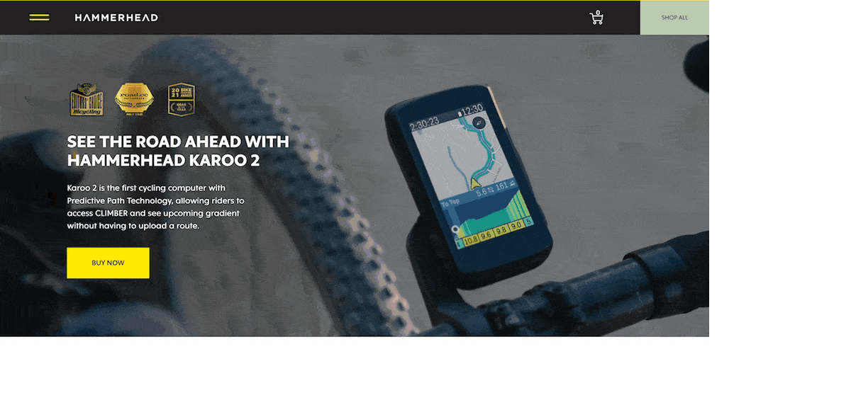 Hammerhead’s sticky header as it scrolls through the page. There is the Hammerhead logo, a yellow ‘hamburger menu’, a shopping cart icon, and a green button that reads “Shop All.”