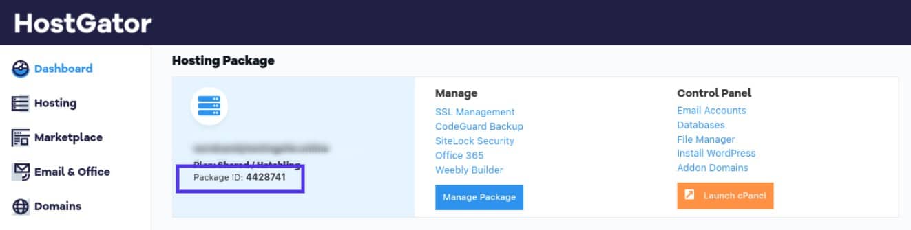 Look for your HostGator package ID