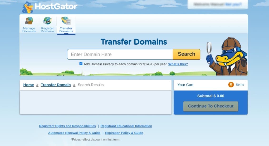 The domain transfer page on HostGator