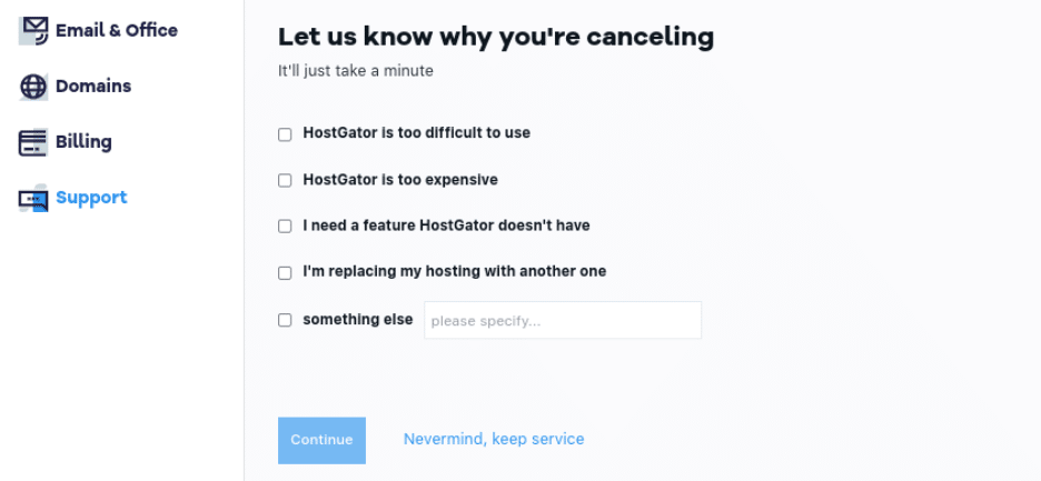 Selecciona una razón por la cual estás cancelando tu cuenta de HostGator