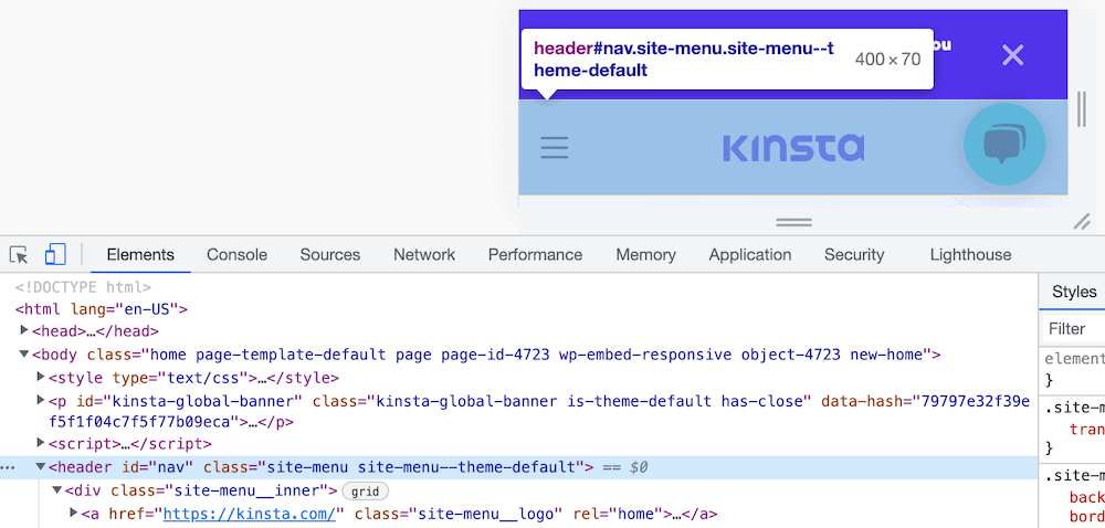 The Inspect Element tool within the Brave browser, showing a portion of HTML code, highlighting the ‘header’ tag, and a portion of the Kinsta homepage shown on small screen devices.