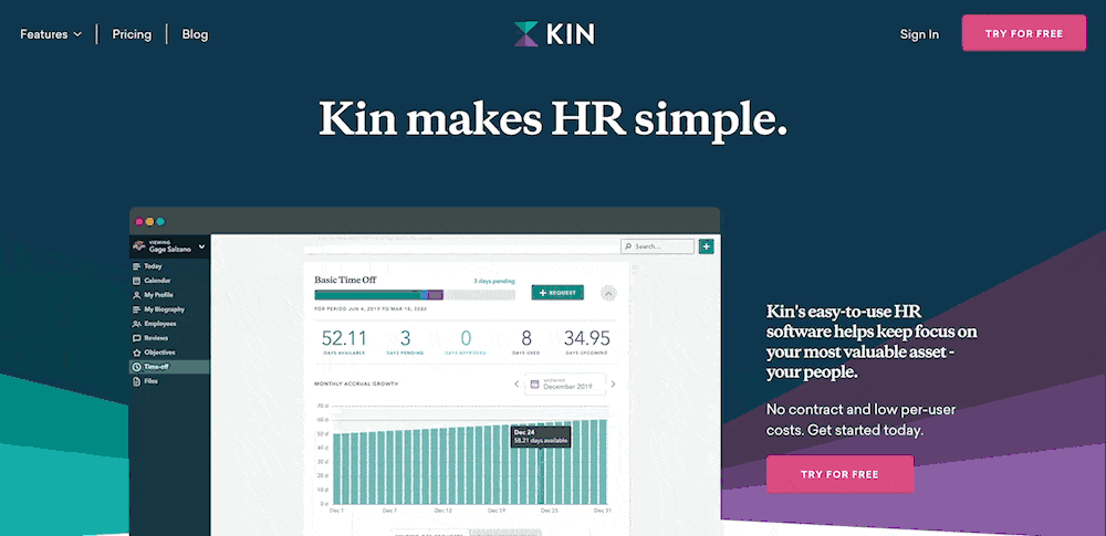 Kin’s sticky header, scrolling through the website. It shows the Kin green and purple logo, a red “Try For Free” button, a link to sign in, and the site’s navigation. When scrolling, the sticky header changes contrast to a white background and black text.