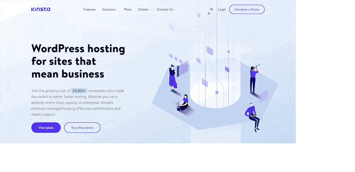 The sticky header for the Kinsta website, showing the Kinsta logo, the main site navigation links, a search icon, login link, and a button to “Schedule a Demo.” As the GIF scrolls, the sticky header disappears, until the animation reveals it again on scroll-up.