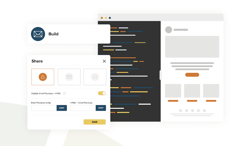The Litmus website with three mockup panels - one in dark mode – showing options to build and share emails, along with icons displaying a lock, and envelope.