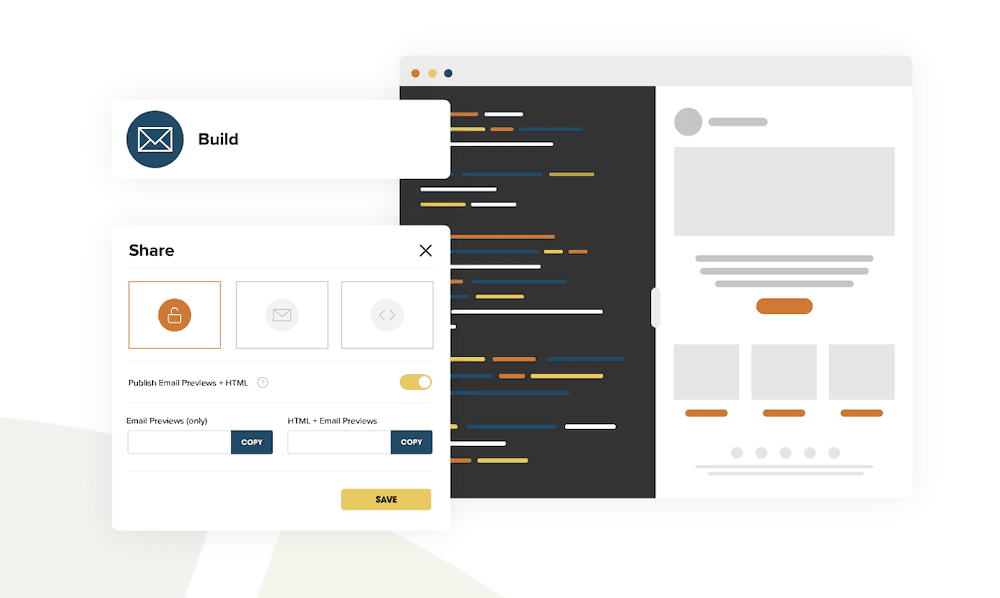 Die Webseite von Litmus mit drei Mockup-Panels - eines davon im Dark-Modus - zeigt Optionen zum Erstellen und Teilen von E-Mails sowie Symbole, die ein Schloss und einen Briefumschlag anzeigen.