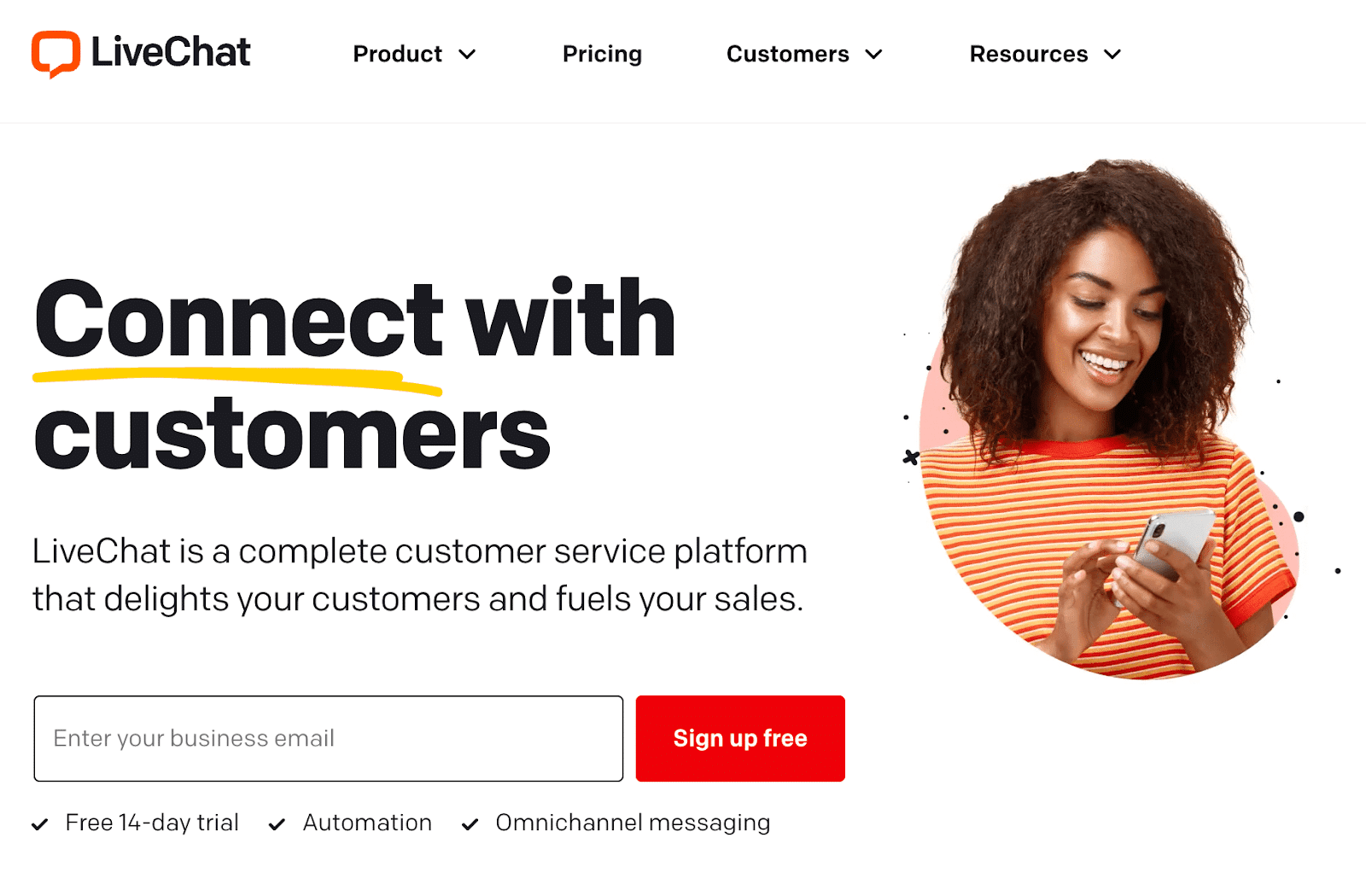 Homepage LiveChat plugin con il motto Connect with Customers