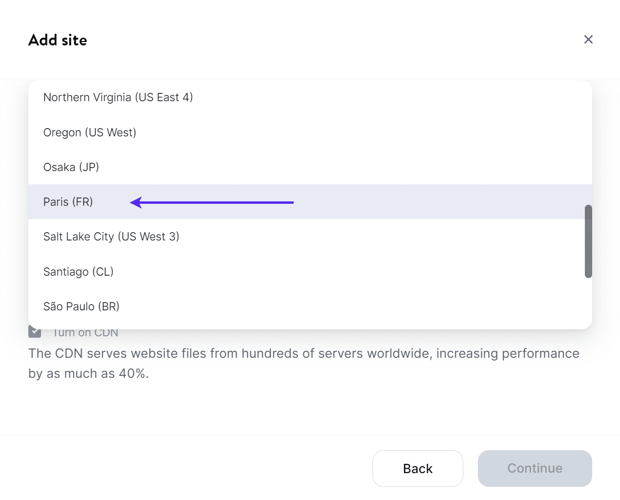 A screenshot of MyKinsta showing the "Add Site" location drop-down set to "Paris (FR)".