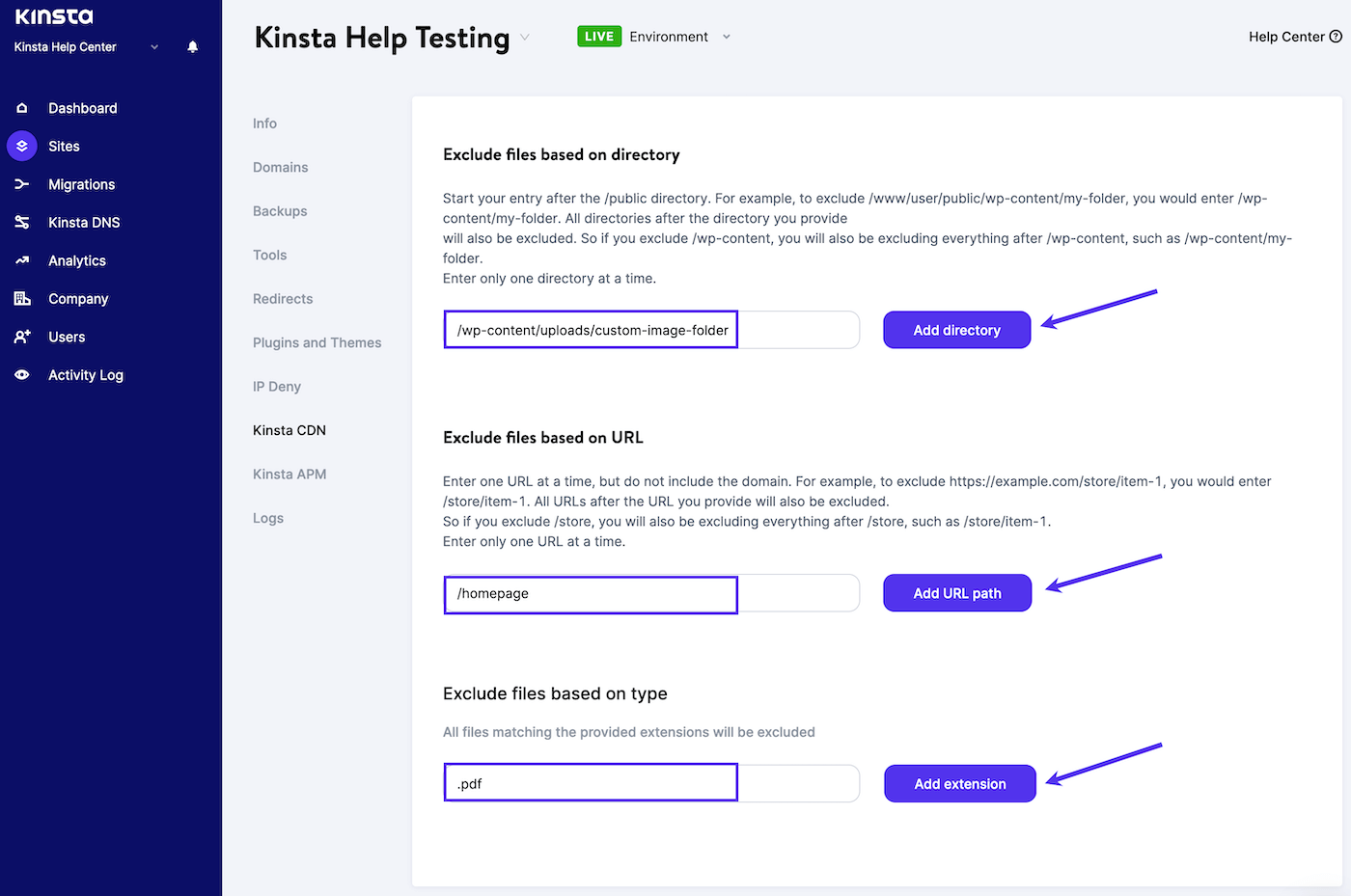 Adding directory, URL, and file exclusions to Kinsta CDN.