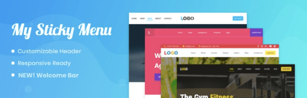 L’header del plugin myStickymenu da WordPress.org, che mostra il titolo My Sticky Menu, un elenco puntato delle caratteristiche principali e tre siti web sovrapposti che mostrano diversi stili di layout dell’header.