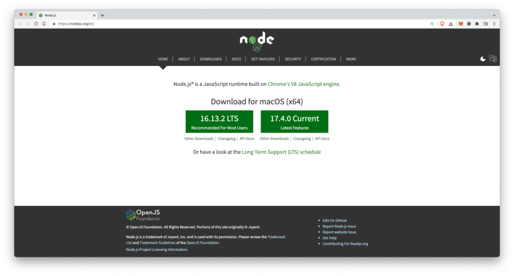 Node.js's website homepage, showing two green download buttons for macOS users.