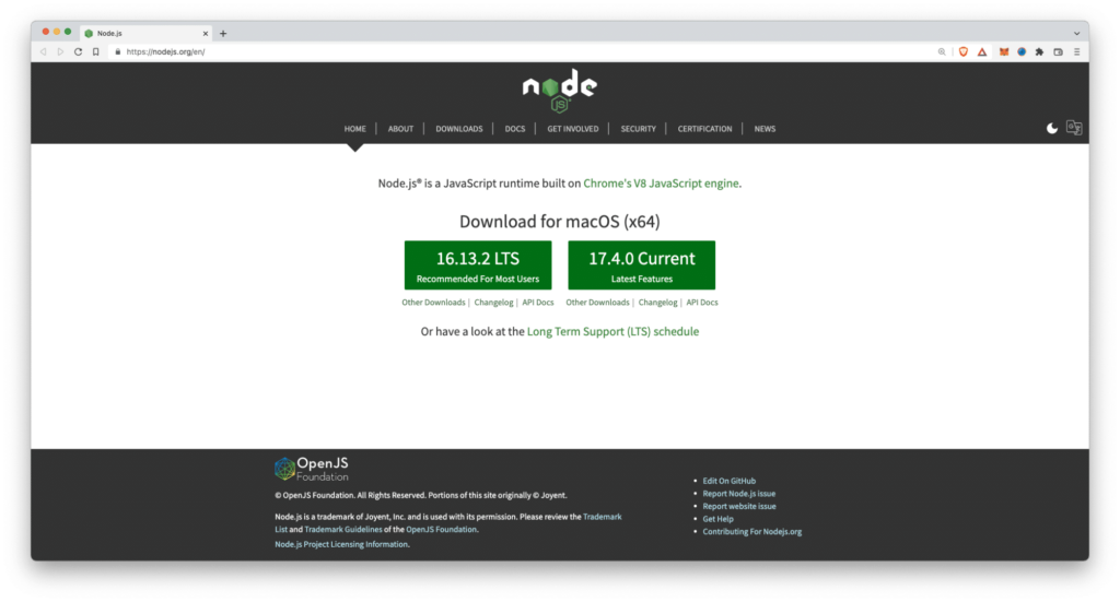 La page d'accueil de Node.js.