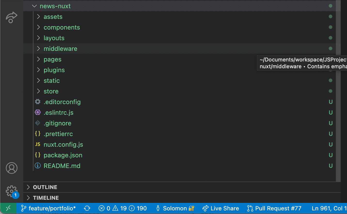 Una captura de pantalla de la estructura de carpetas de Nuxt.js que muestra los diferentes archivos generados por Nuxt.js CLI.