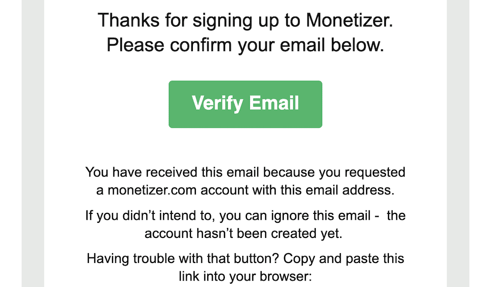 A portion of a double opt-in message from a HTML email, telling the user why they are receiving an email, and asking them to verify using a green button reading, “Verify Email.”