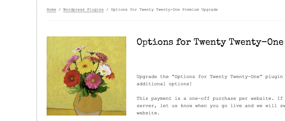 Die Webseite von Options for Twenty Twenty-One zeigt eine Reihe von Breadcrumb-Links, einen Teil des unvollständigen Textes und ein Thumbnail für ein Blumenstillleben.