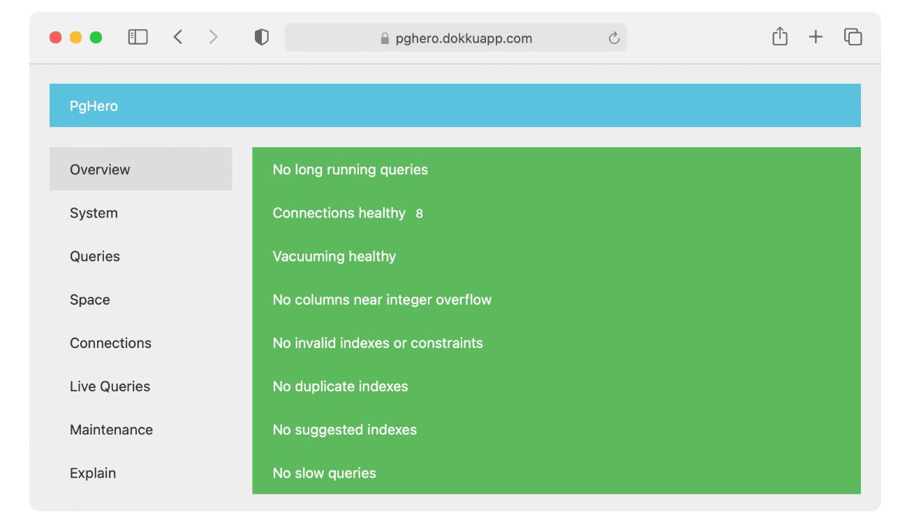 The PGHero dashboard, showing the menu and description below a blue title strip that says PgHero.