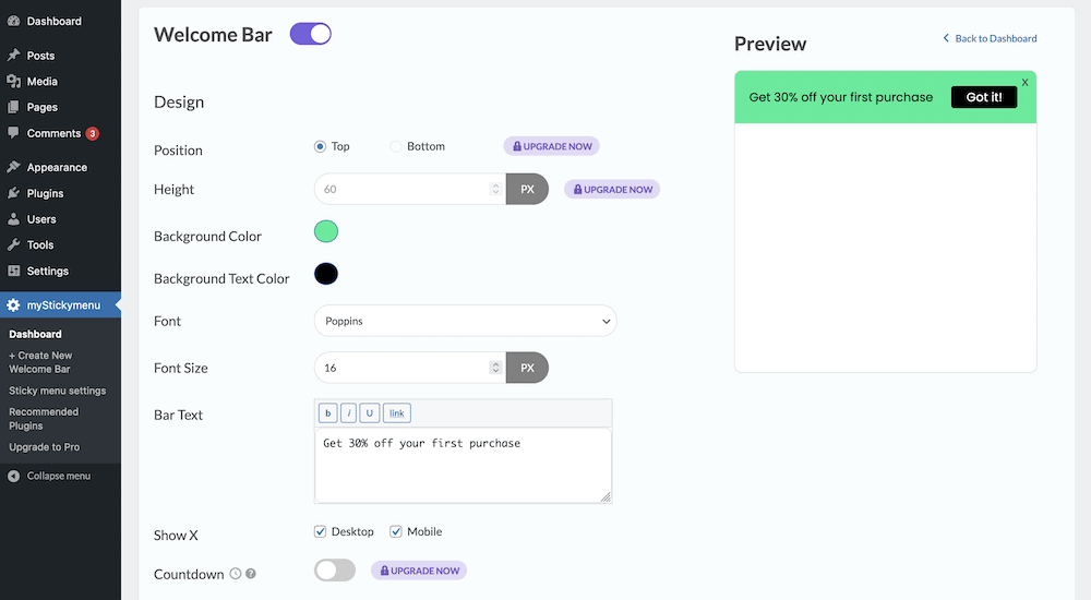 El panel de administración de myStickymenu dentro de WordPress.