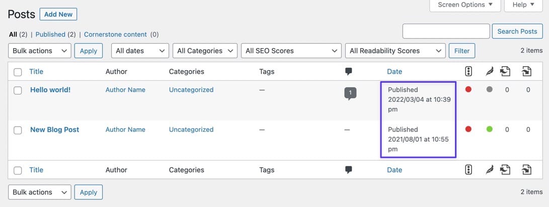 The Date column shows published dates in the WordPress dashboard.