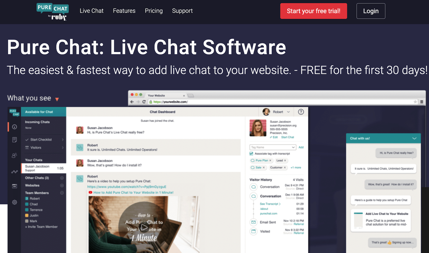 Homepage di Pure Chat plugin con l’headline The Easiest and Fastest Way to Add Live Chat to Your Website