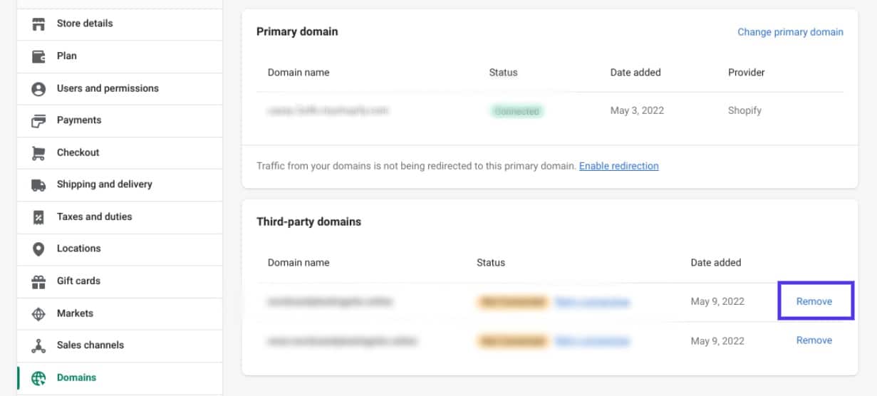 Transferir o eliminar nombres de dominio en Shopify