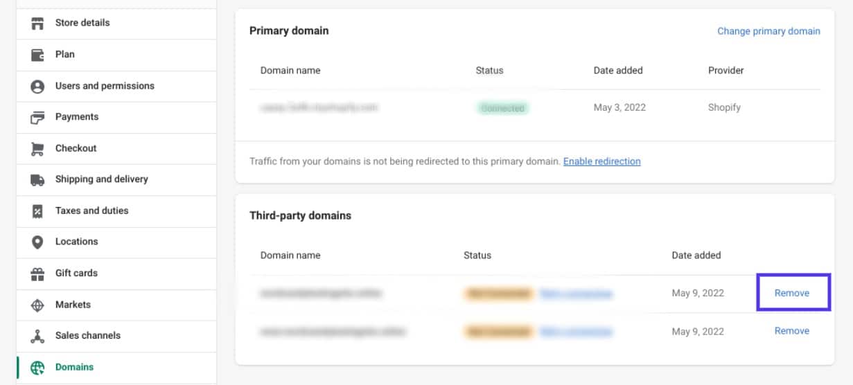 Übertragen oder Entfernen von Domains in Shopify