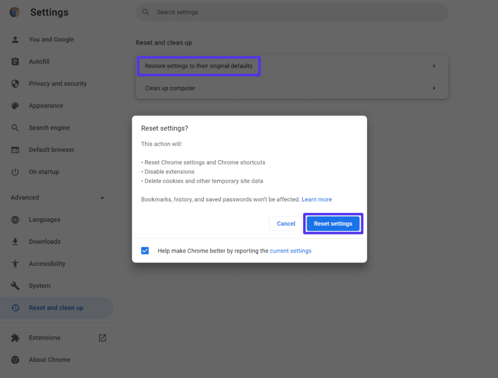 Cómo restablecer la configuración predeterminada de Chrome.