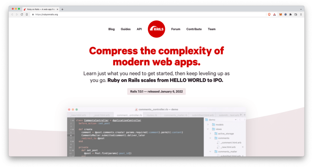 La pagina iniziale di Ruby on Rails mostra una sezione di codice Ruby aperta in un editor di codice..