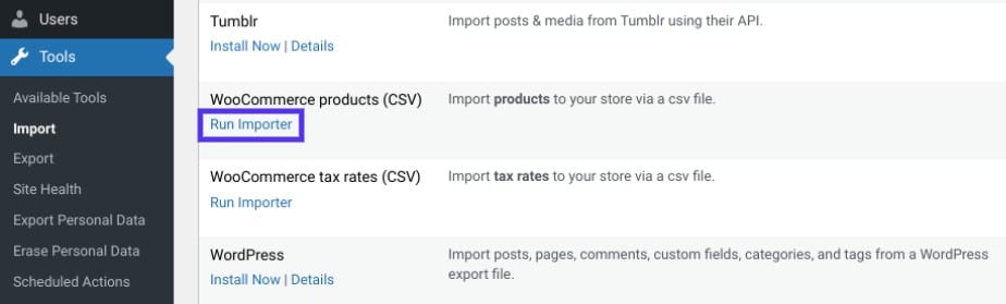 Verwende die Option "Importer ausführen" im WordPress Dashboard