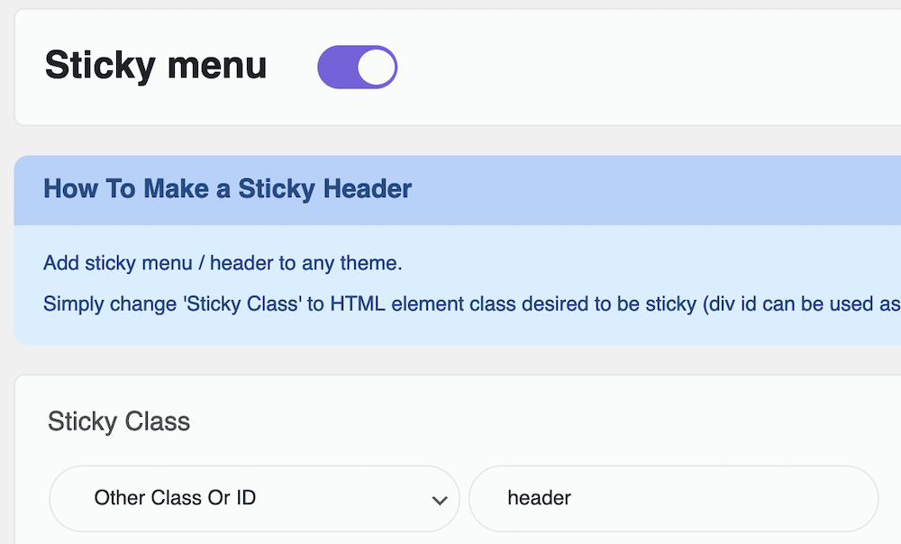 Un primo piano della schermata dello sticky menu, che mostra un pulsante a scorrimento viola, un riquadro viola dal titolo How to Make a Sticky Header e due campi Sticky Class. Uno usa l'opzione Other Class or ID dal menu a discesa e l'altro contiene il tag header.