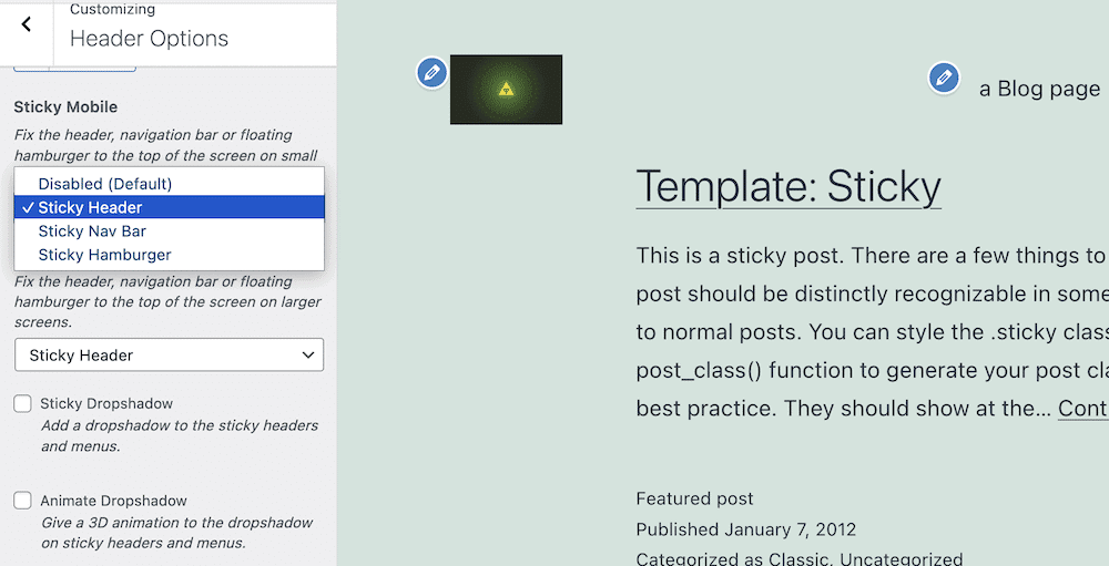 The WordPress Customizer, showing a preview of the Twenty Twenty One theme, and a sidebar displaying header options for Sticky Mobile and Sticky Desktop settings. There’s an open drop-down menu showing different settings for the choice of sticky element, along with checkboxes for a sticky drop-shadow, and to animate the drop-shadow.