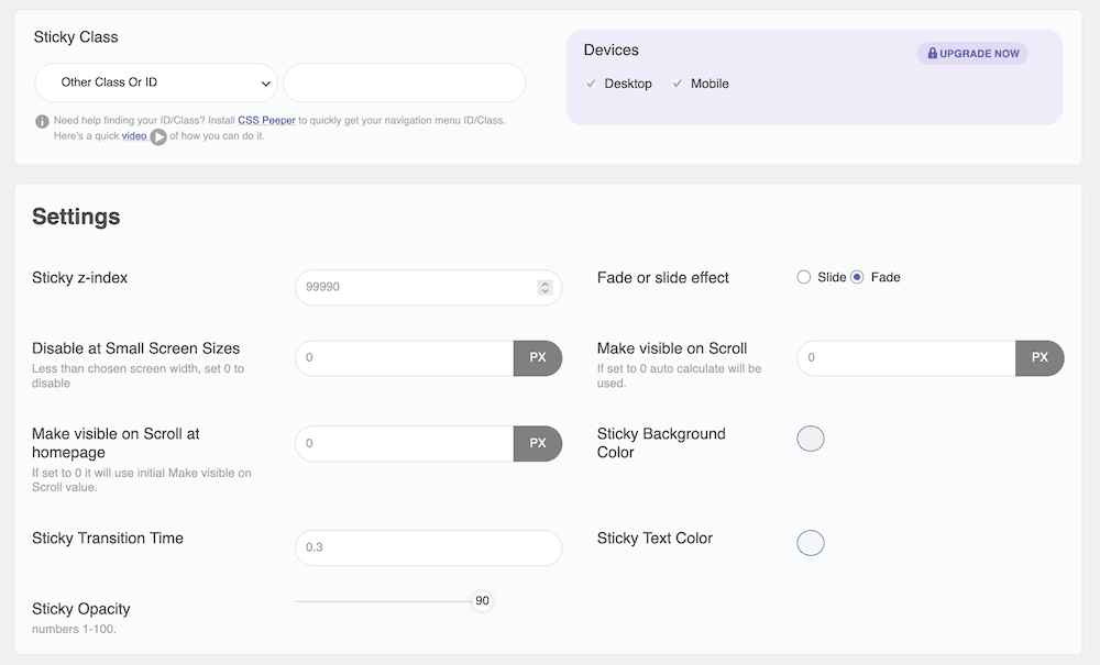 The Sticky menu settings screen, showing two sections for setting a sticky class and further design settings. There are a few text fields and swatches, and a purple callout section to enable sticky headers on independent desktop and mobile devices.