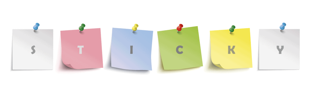 The Sticky Menu & Sticky Header plugin logo from WordPress.org, that shows the word “Sticky” spelled out with individual letters on different colored sticky notes, pinned to a white background.