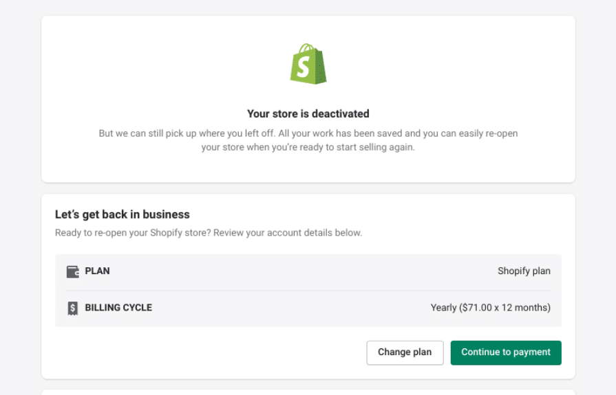 Shopify deactivated store notice