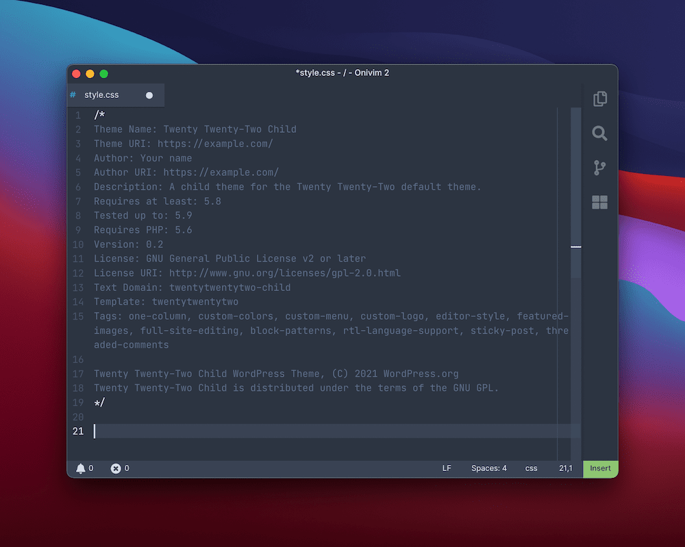 L'editor di Onivim2 mostra un file style.css, con i metadati completi per un tema figlio di WordPress. Lo sfondo è il gradiente predefinito di macOS Big Sur, composto da rosso, blu e viola.