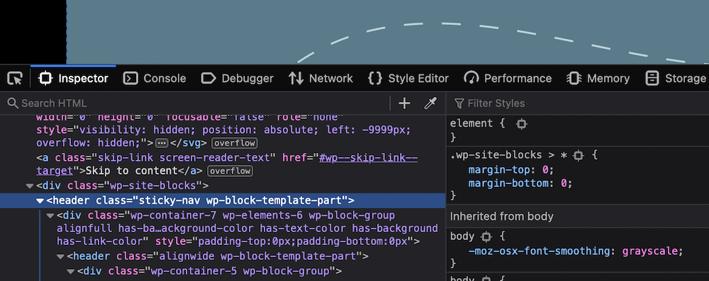 La schermata Inspect Element di Twenty Twenty-Two mostra una porzione della home page predefinita e il codice HTML che visualizza due diversi tag header.