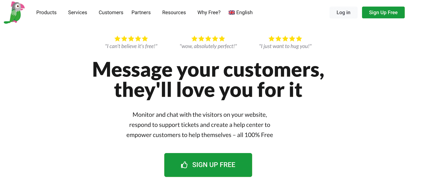 Homepage di Tawk.To Live Chat plugin con il motto Message Your Customers, They’ll Love You For It