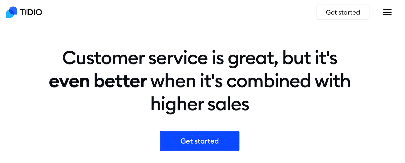 Homepage di Tidio live chat plugin con il motto Customer Service Is Great but It’s Even Better When It’s Combined With Higher Sales