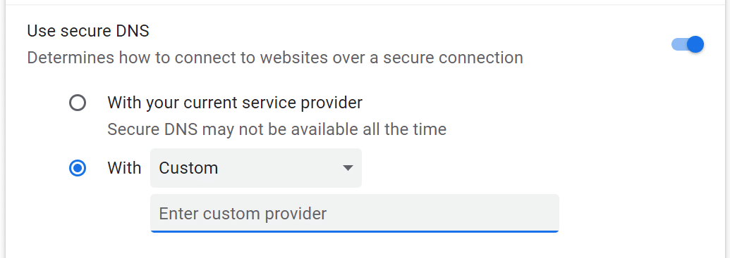 Schermata in cui aggiungere un nuovo indirizzo DNS nella scheda Sicurezza e privacy di Chrome