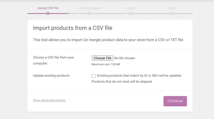Importing a product CSV file into WooCommerce
