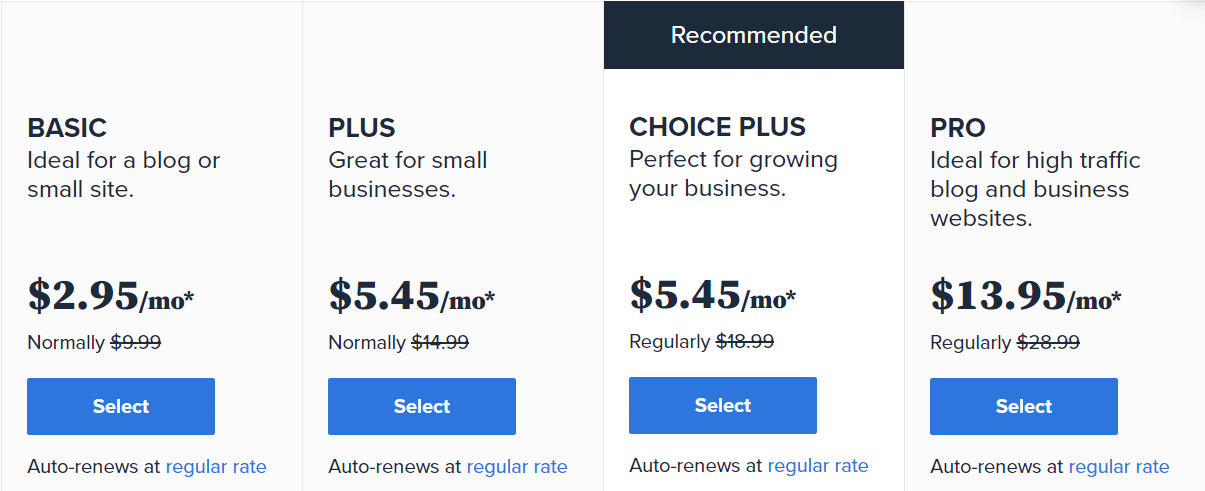 Pricing table at Bluehost