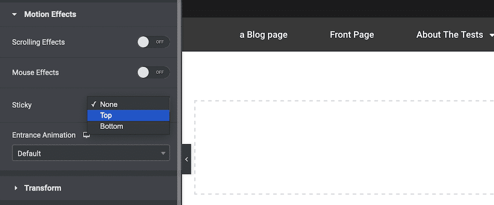 The Elementor Theme Builder panel, showing a portion of a navigation menu, and the open Motion Effect options in the sidebar. The Sticky drop-down menu is open, showing “None,” “top,” and “Bottom.”