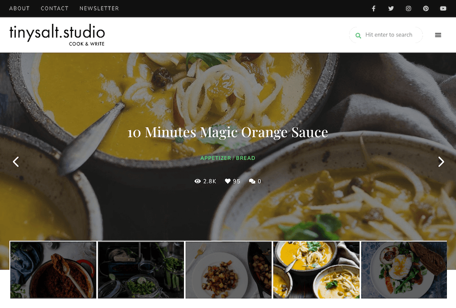 A screenshot from the TinySalt WordPress theme shows it to be a top choice for food bloggers.