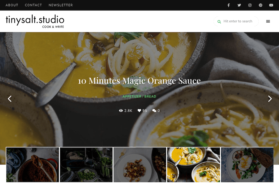 Uno screenshot del tema TinySalt WordPress mostra che si tratta di una scelta eccellente per i food blogger.