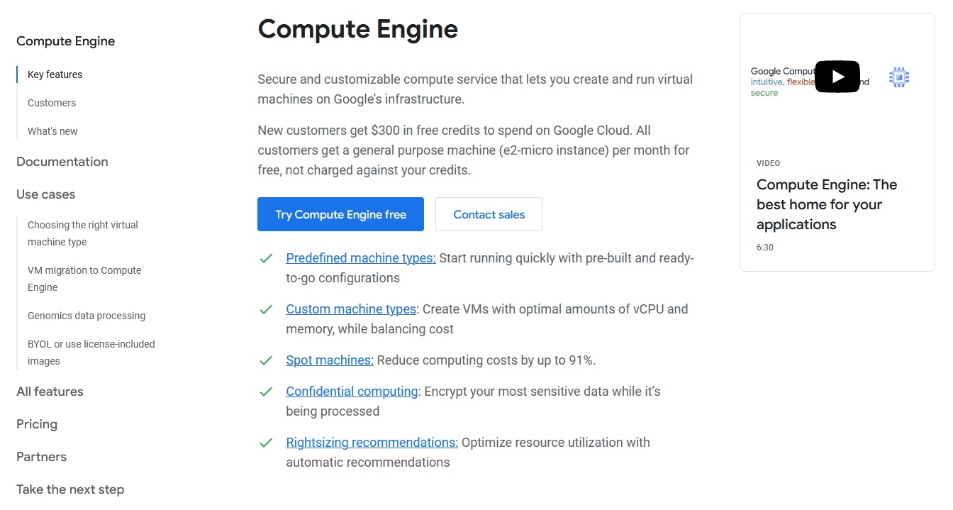 Schermata della homepage di Google Compute Engine