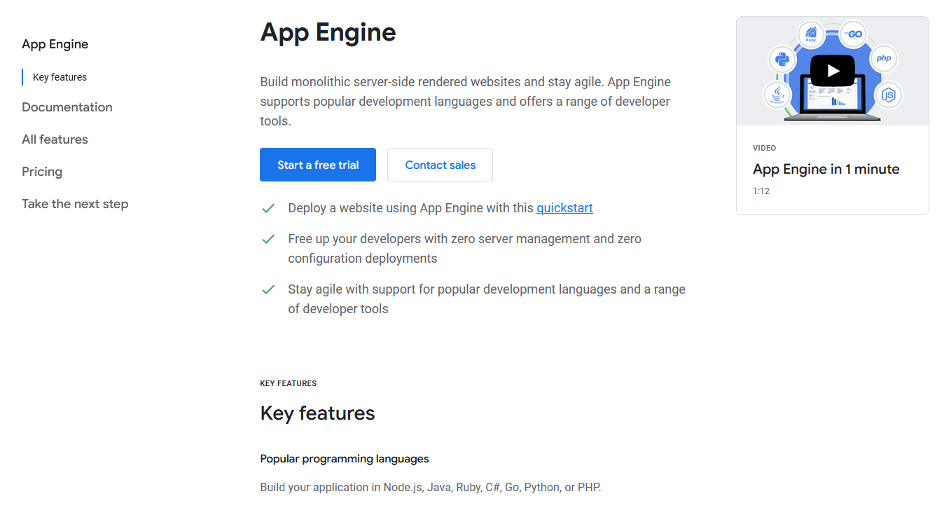 L’homepage di Google App Engine
