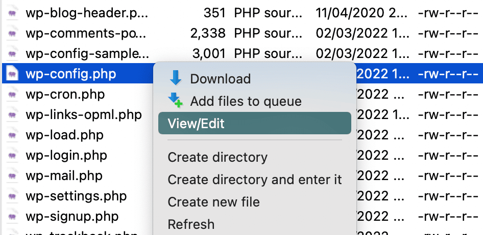 Opción de ver y editar el archivo wp-config