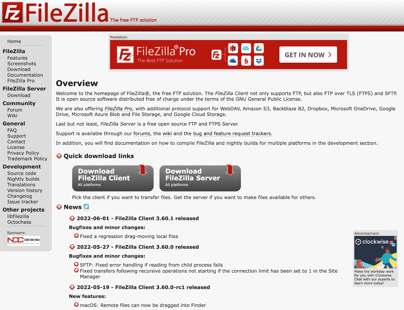 Página de inicio de FileZilla