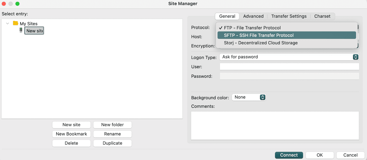 Change the Protocol setting to SFTP - SSH File Transfer Protocol